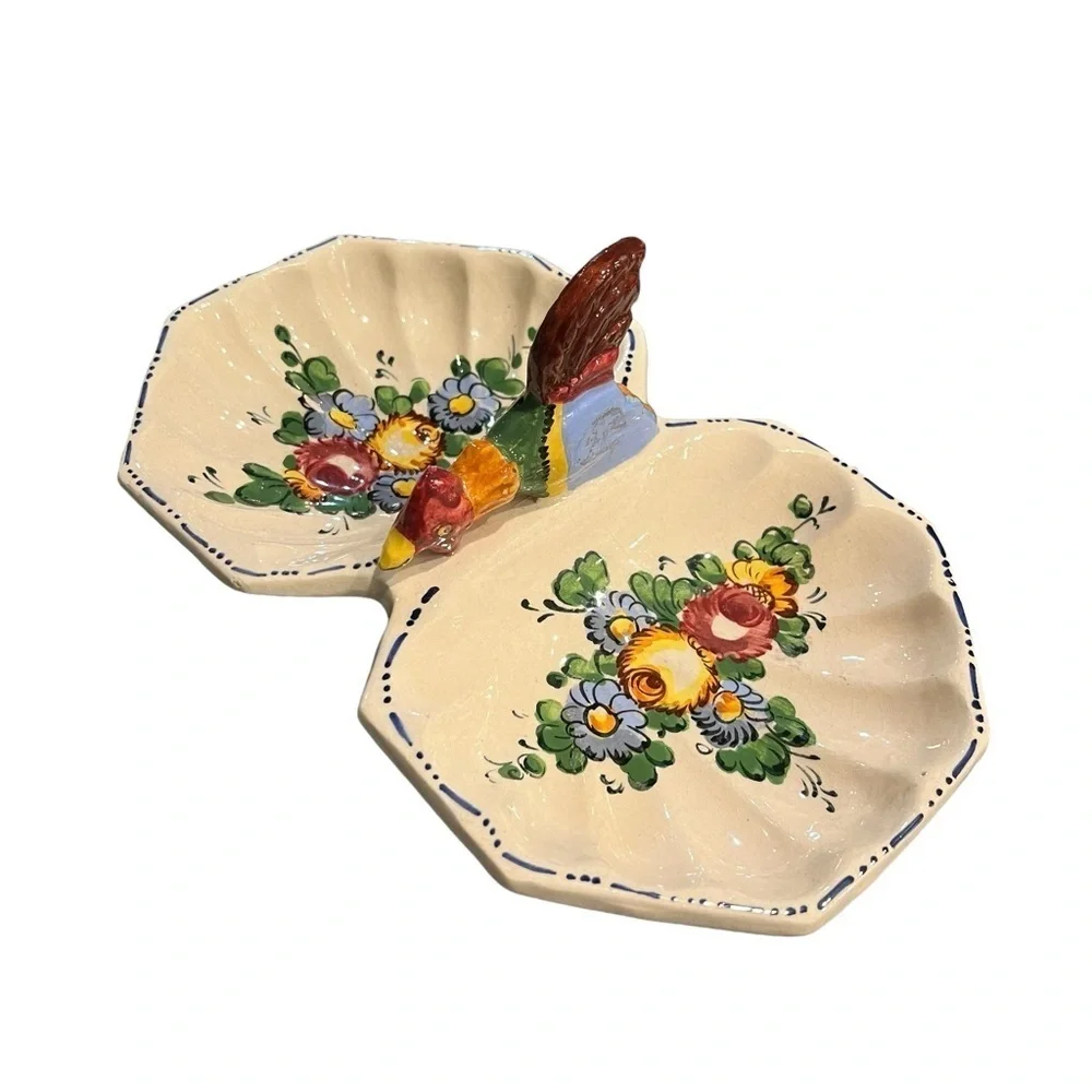 Vintage Italian Hand Painted Divided Candy Nut Dish Rooster Floral Farmhouse